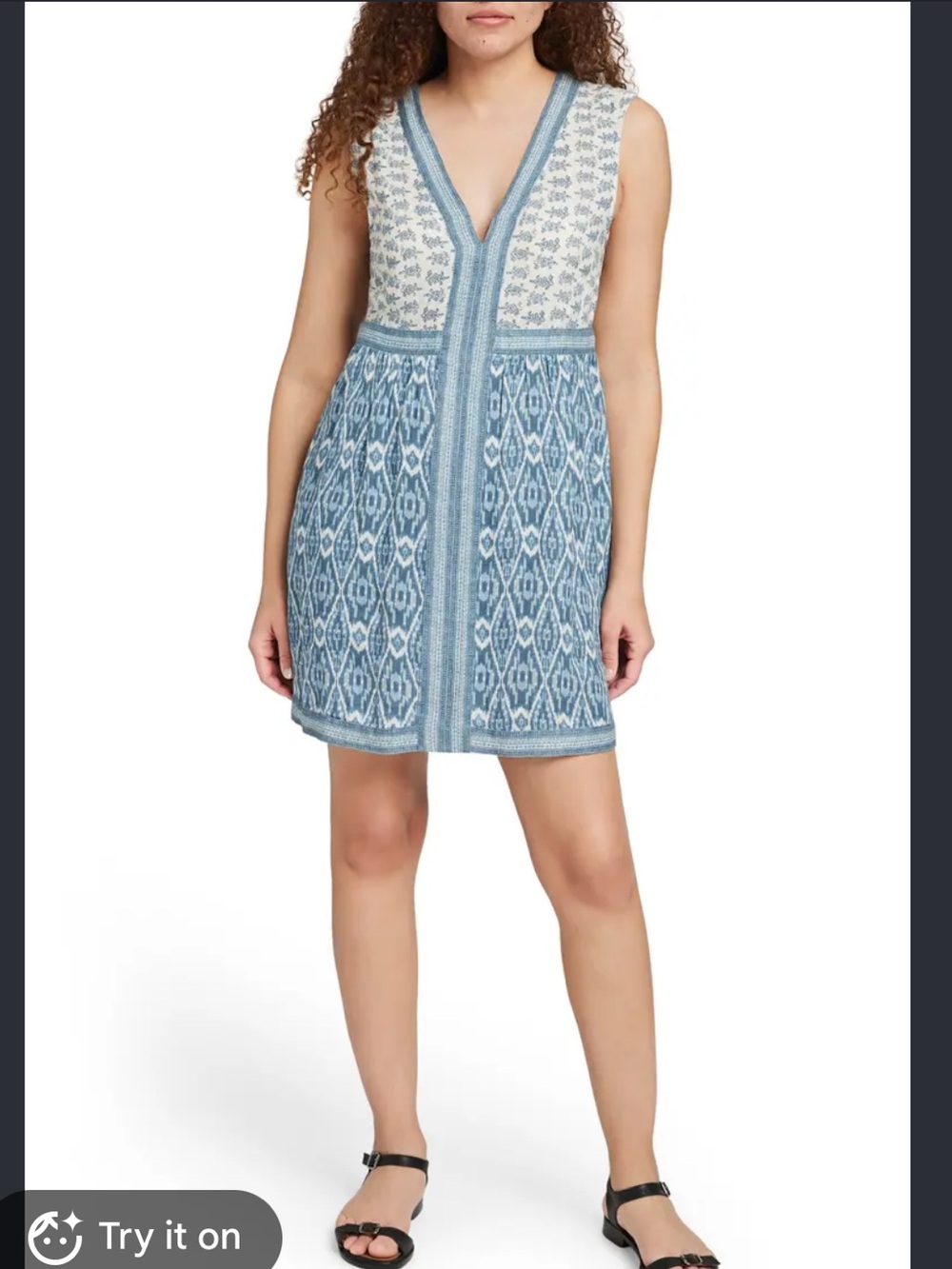 Faherty Macey Sleeveless V-Neck Blue & White Linen Dress - size large